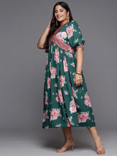 Green & Pink Plus Size Floral Printed A-Line Midi Dress-AP-AHEDCRDP-204-ICH